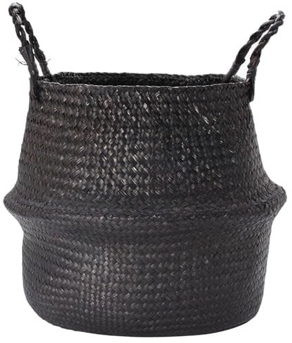 Wuyangcun Handgefertigter schwarzer gewebter Seegraskorb, Aufbewahrungskorb mit Griffen, Blumentopf für Heimdekoration (30 x 26 cm)