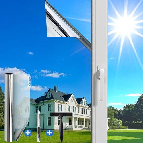 Guuteee(90X400cm Silber) UV-Schutz Sonnenschutzfolie Fenster innen oder außen/Spiegelfolie Fensterfolie Hitzeschutz/Rückstandslose Thermofolie Hitzeschutzfolie Fenster