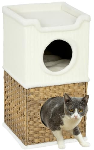 PawHut Kratztonne 75,5 cm Hoch dreistöckige Katzentonne mit Plüschrand, Kissen, Katzenhöhle, Kratzbaum für mittelgroße Katzen, Cremeweiß