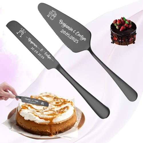FKF Ensemble Couteaux et de Serveurs à Gâteau Mariage Personnalisés, Ensemble Sculpture et de Découpe de Gâteau Personnalisé, Cadeau Personnalisé pour Anniversaire, Saint-Valentin ou Noël (Noir)