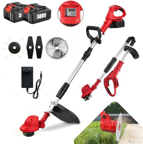 Desbrozadora Bateria Brushless 4000W | Cabezal de Hilo Giratorio 90º | Mango Telescopico Ajustable | Peso Ligero | Diametro Corte 23cm | 2 Baterías 588V | Hilo Nylon | 3 Cuchillas Metal