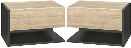 HOMCOM Floating Bedside Table Set of 2, Wall Mounted Bedside Cabinet with Drawer and Open Shelf, Modern Nightstand for Bedroom, 46 x 30 x 30 cm, Oak Tone