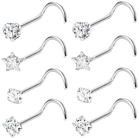 Suupii 8PCS Silver Nose Studs, Stainless Steel Corkscrew Nose Piercings