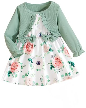 HPSOM Toddler Baby Girl Dresses Ruffles Floral Pattern Tutu Dresses Long Sleeve Cardigan 2-Piece Outfit Set for Newborns Green