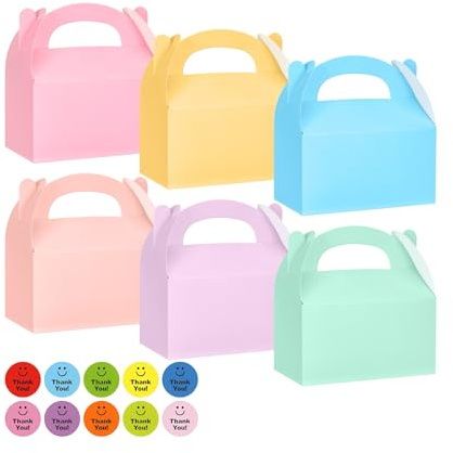 42 Pcs Pastel Party Food Boxes Colorful Party Bags Boxes, 6-Color Gable Design for Sweets Treats & Cookies, Includes Stickers, 16x9x8cm Lunch Goodie Container