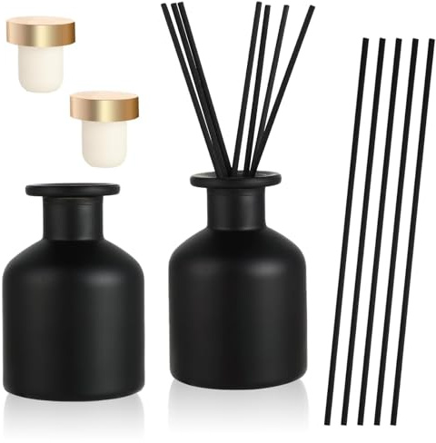 2 Stück Glas Diffusorflaschen, Schwarz Leere Schilf-Diffusor-Flasche mit 12 Stäbchen und 2 Kappen, 150ml Mattschwarz Raumduft Diffuser, Glasflaschen Duftzubehör für DIY Ersatz, Zuhause, Büro