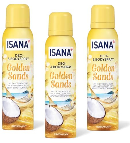 3 er Pack ISANA Deo- & Bodyspray Golden Sand Deodorant | 3 x 150 ml | Duft nach Vanilleorchidee & Kokosnuss