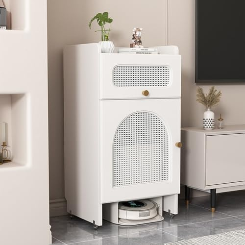 STARHMLUX Versteckter Staubsauger-Roboter-Schrank, Beistelltisch aus Holz mit Türen und Rollen, Rattan-Schranktüren, für Wohnzimmer, Schlafzimmer, Balkon White 50x40x92cm