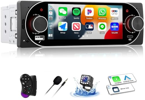Single Din Car Stereo with 5.1 inch Touchscreen Wireless Carplay Android Auto Mirror Link FM Type C EQ Car Radio USB backup Camera Steering Wheel Control MIC