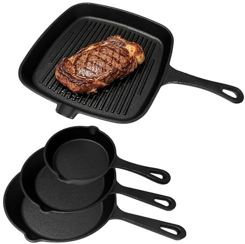 4 Pcs Cast Iron Skillet Set, Nonstick Frying Pans, Heavy-Duty Pan Cookware Set for Steak, Eggs, Pancakes, Heavy Iron Cookware for Low-Oil Cooking