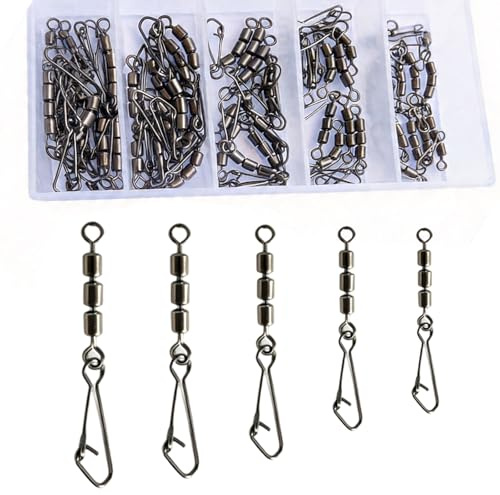 DASHUI 50 STÜck Fishing Dreifachwirbel, 5 Größen Wirbel Angeln Set mit praktischer Sortier-Box, 5-28kg, Robust & Rostfrei, Angel Zubehör für Raubfisch,Forelle und Sbirolino