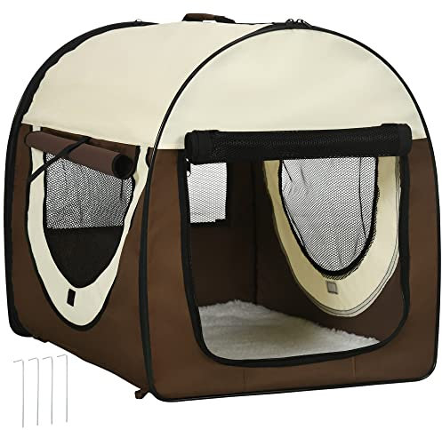 PawHut Trasportino per Cani e Gatti Pieghevole con Porta e Finestre in Rete, Tessuto Oxford e Acciaio, 70x51x59cm Marrone