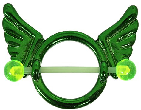 Pain-is-Art Brustwarzenpiercing FLÜGEL GRÜN aus Chirurgenstahl mit flexiblem Stab - Nipple Shield Brustpiercing