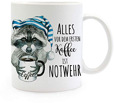 ilka parey wandtattoo-welt Tasse Becher Waschbär mit Kaffeetasse Schlafmütze & Spruch Alles vor dem ersten Kaffee ist Notwehr Kaffeebecher Geschenk ts1112