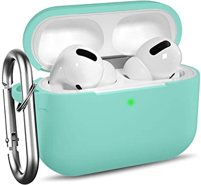 Ouwegaga Kompatibel mit AirPods Pro Hülle - Stoßfeste Silikon Case Schutzhülle [Front-LED Sichtbar] mit Karabiner Kompatibel mit Apple AirPods Pro 2019, Türkis
