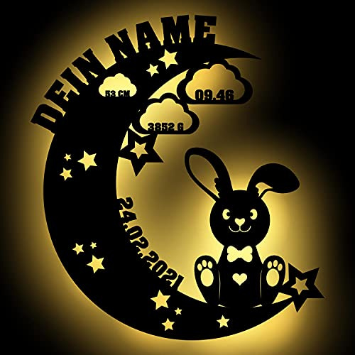 Veilleuse lapin sur la lune - Cadeau personnalisé pour bébé pour la naissance et le baptême - Rétroéclairage LED - Fonctionne avec piles