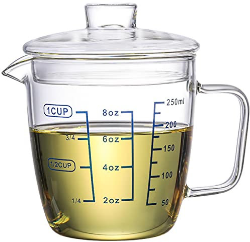 Goeielewe, misurino in vetro con coperchio, tazza graduata con manico, in vetro borosilicato a forma di V, adatta al microonde per cottura (1 tazza/250 ml)