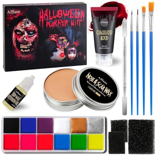 Afflano Halloween Makeup Spezialeffekt Haut Wachs, Nasen Narbenwachs 60g+ Kunstblut +Schwamm+ Spatel+ Wachsöl +Neon Gesichtsfarbe Körperfarbe, Festival Stage Theatrical SFX Karneval Schmink Partei