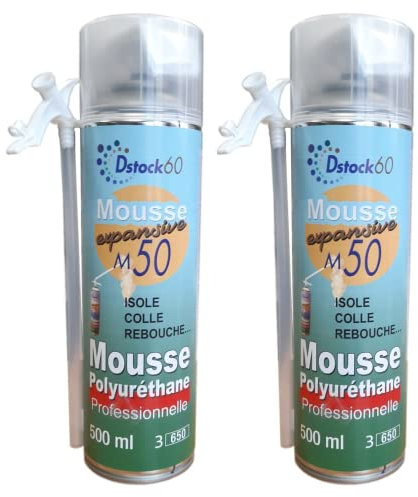 DSTOCK60 - Lot de 2 mousses expansives Manuelles - 500 ml - Mousse polyuréthane professionnelle manuelle - Isole, colle et rebouche - Extérieur et intérieur