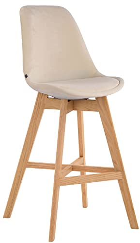 TPFLiving Barhocker Canada mit bequemer Rückenlehne und angenehmer Fußstütze - 4-Fuß Gestell Holz Natur - Sitzfläche: Samt Creme