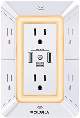 POWRUI Multi Plug 6 Outlet Surge Protector Extender with 3 USB Ports (1 USB C) and Night Light, 3-Sided Power Strip with Adapter Spaced Outlets, ETL Listed, White