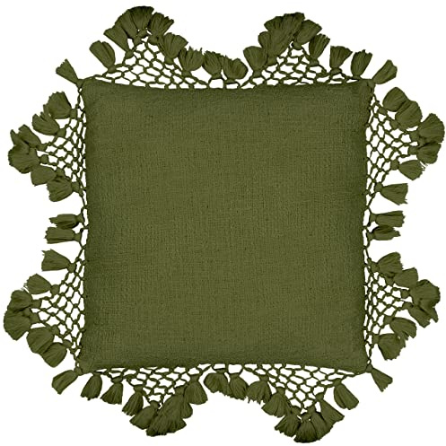 Yard Anko Polyester Filled Cushion (Khaki, 45 x 45 cm) | Textured Cotton with Macramé Tassel Trim