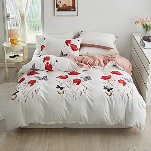 Luofanfei Bettwäsche 155x220cm Blumen Schmetterling Rot Weiß Altrosa Bettwäsche Set Microfaser Pflanzen Blätter Muster Bettbezug und 2 Kissenbezüge 80x80cm mit Reißverschluss