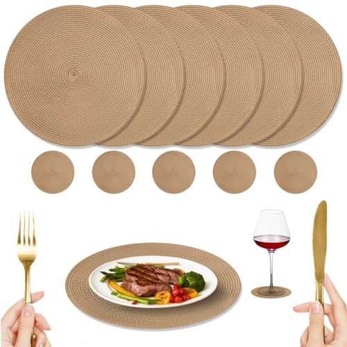 NAKIHOUSE 12er Set Tischsets Weihnachten Rund Gold Platzstes, Gewebte Tischsets Abwaschbar Platzsets mit Untersetzer, Hitzebeständig rutschfest Platzdeckchen für Hochzeit, Fest-34cm