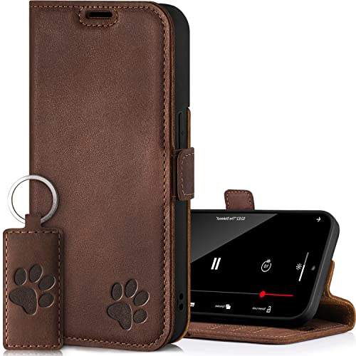 SURAZO Premium Slim Magnet Handyhülle für Samsung Galaxy S23 Hülle Leder – Echtleder Schutzhülle mit Pfote Motiv – RFID Klapphülle [Standfunktion, Kartenfach] Flip Cover Case Lederhülle (Nussbraun)