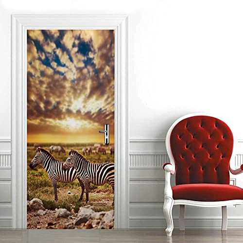 Türaufkleber Türtapete Türbilder Türposter Selbstklebend 3D Sonnenuntergang Prärietier Zebra 100 X 215 Cm (39.37 X 84.64) Pvc Wasserdicht Abnehmbare Wandbilder Für Schlafzimmer Haus Bad Wc Büro Dek