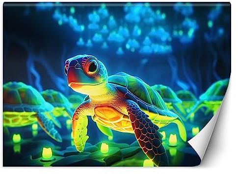 Feeby Fototapete Schildkröte Für Kinder 250x175 cm mehrfarbig XXL Vlies Wandtapete Tapeten Wohnzimmer Schlafzimmer Jugendzimmer Moderne Design Wandbild Wand Dekoration Niedlich AI Neon