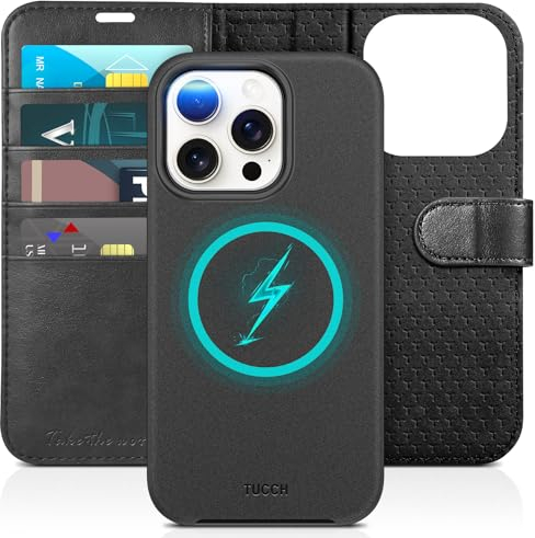 TUCCH Hülle für iPhone 15 Pro [Abnehmbar] 2-IN-1 Magnet Handyhülle [Kabellos Laden] [Kartenfach] Klapphülle RFID Blocker Schutzhülle Etui Kompatibel mit iPhone 15 Pro 5G 2023 (6,1 Zoll), Schwarz
