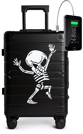 TOKYOTO Aluminium-Kabinenkoffer Silber mit USB Leicht Hartschale, Moderner Reisekoffer für Jugendliche und Erwachsene Doppelrollen TSA-Schloss 55x35x20 Trolley Handgepäck 55x40x20 cm Black Skull