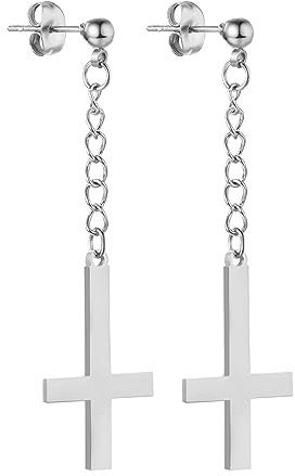 JewelryWe Umgekehrt Kreuz Ohrstecker Ohrringe: Silber Edelstahl Kugel Ohrstecker mit Petruskreuz Upside Down Kreuz Anhänger Kette Vintage Gothic Hängend Ohrringe Satan Satanisch Schmuck Damen Herren