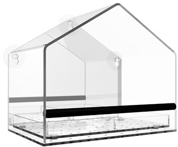 MKLZ One Way Window Bird Feeder for Outside with Strong Suction Cups, Clear Acrylic Wild Bird House for Cats Viewing, Large Transparent Window Mount Birdfeeder for Bird Lovers Gift