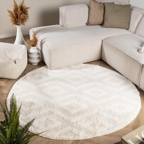 FRAAI | Home & Living Teppich Skandinavisch Rund - Lova Diamond Creme - Einfarbig - Modern, Skandinavisch - Wohnzimmer, Esszimmer, Schlafzimmer - Fellteppich - Carpet