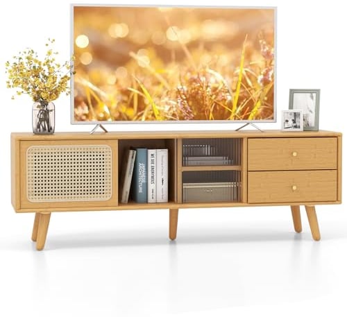 KOMFOTTEU TV-Schrank aus Bambus bis 65 Zoll, Fernsehtisch mit 2 Schubladen und 4 Fächern, Fernsehschrank mit Türen aus Rattan und Glas, 140 x 31 x 45,5 cm