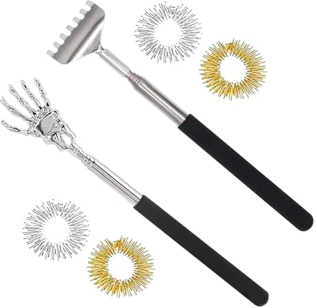 Rascador Trasero, 2 Pcs Rascador Espalda Telescópico y 4 Pcs Anillo de Masaje de Dedos, Portátil Rascador Espalda, Rascadorde Espalda Telescópico de Acero Inoxidable, Para Masaje de Espalda y Dedos