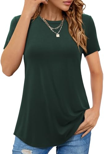 Beluring Damen Tshirt Sommer Kurzarm Tunika Top Elegant Basic Longshirt Grün L