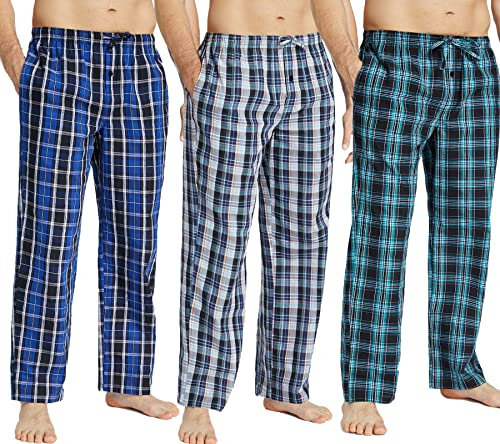 JupiterSecret Bas de Pyjama en Coton pour Homme - Pantalon Long à Carreaux avec Poches et Boutons, Décontracté pour La Maison - Paquet de 3, Taille L