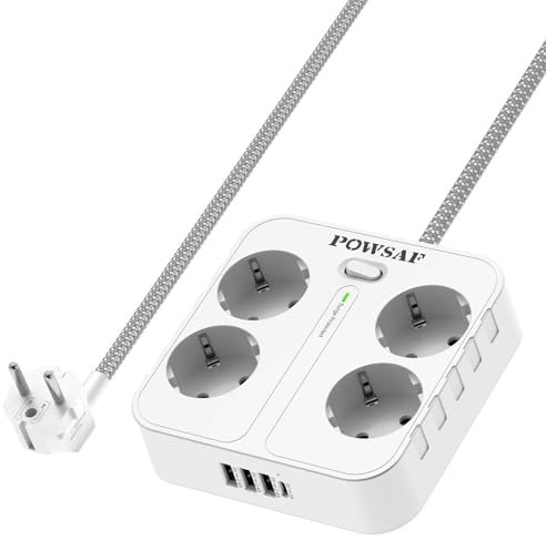 POWSAF Regleta de Enchufes Cuádruple con Cuatro Puertos de Carga USB, para Montaje en Pared, para Hogar y Oficina - Blanco.