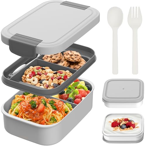 BIBURY Lunch Box, Upgraded Leakproof Bento Box for Kids Adults, Lunchbox with 4 Compartments, Cutlery and 2 Sauce Pot Set, BPA Free, Microwave and Dishwasher Safe Snack Box Sandwich Box, 1.9L, Grey