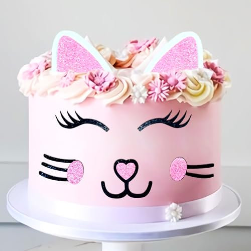 JeVenis Katze Kuchen Topper cat Kuchen Topper Katze Ohren Wimpern Kuchen Set Kuchen Dekorationen für Katze Themed Geburtstag Party niedlich Miau Geburtstag Party