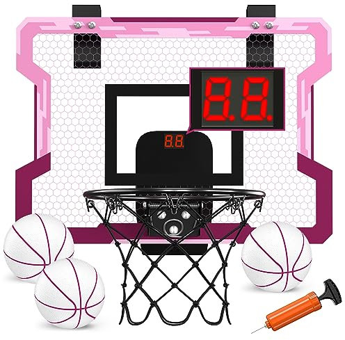 HYES Basketball Hoop for Kids with Scoreboard, Indoor Basketball Hoop with 3 Balls and Pump, Mini Hoop Basketball Toy Gifts for Kids Girls Teens - Pink