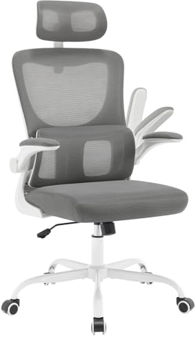 WOLTU Bürostuhl ergonomisch, Schreibtischstuhl mit Schaukelfunktion, Verstellbare Kopfstütze, umkehrbare Armlehnen,Lendenwirbelstütze Arbeitsstuhl für Büro, Bürostühle 150 kg, Grau