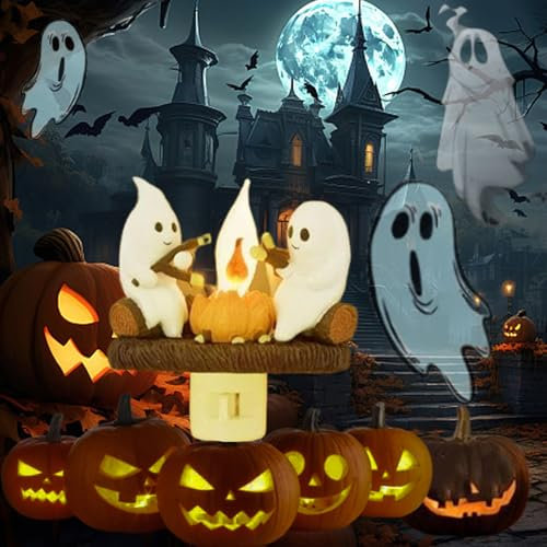 CocCCoon Ghost Campfire Flickering Nightlight,LED Small Electric Faux Campfire Night Light,Halloween Ghost Campfire Bedroom Night Light Indoor Decorations Gifts for Family,Funny Halloween Decor