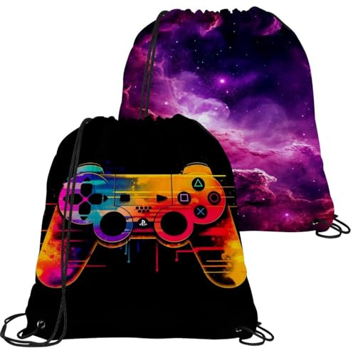 Luoweisi Turnbeutel mit Kordelzug, großer Sportrucksack, Kordelzug, für Damen und Herren, Reisen, Strand, Schule, Neon-Gamer, 2 Stück, Mehrfarbig 3, One size