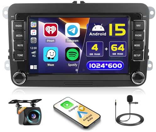Hikity 4+64G 7 Android Autoradio für VW Golf 5 6 Polo Skoda Passat | Touchscreen Wireless Carplay Autoradio 2 DIN GPS Navi Bluetooth 5G WiFi FM/RDS Rückfahrkamera Lenkradsteuerung USB 4+64G