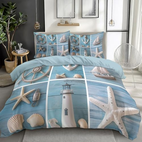 Quixora Bettwäsche-Set 135 x 200 cm Bettbezug Set Segelboot Anker Seestern Muschel Leuchtturm Drucken für Jungen Kind Hypoallergen Drucken Bettwäsche Mikrofaser Hellblau Bettbezug mit Reißverschluss