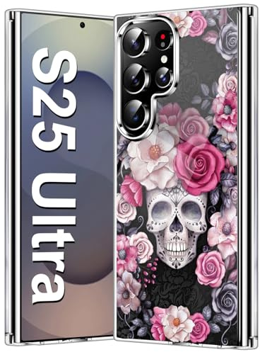 Halloween Rose Skull Case für Samsung Galaxy S25 Ultra Hülle Weiches Silikon Ultra Dünn Blumen Weihnachten Handyhülle Christmas Muster Kratzfest Schutzhülle für Samsung S25 Ultra 6,8-Zoll (Lila)